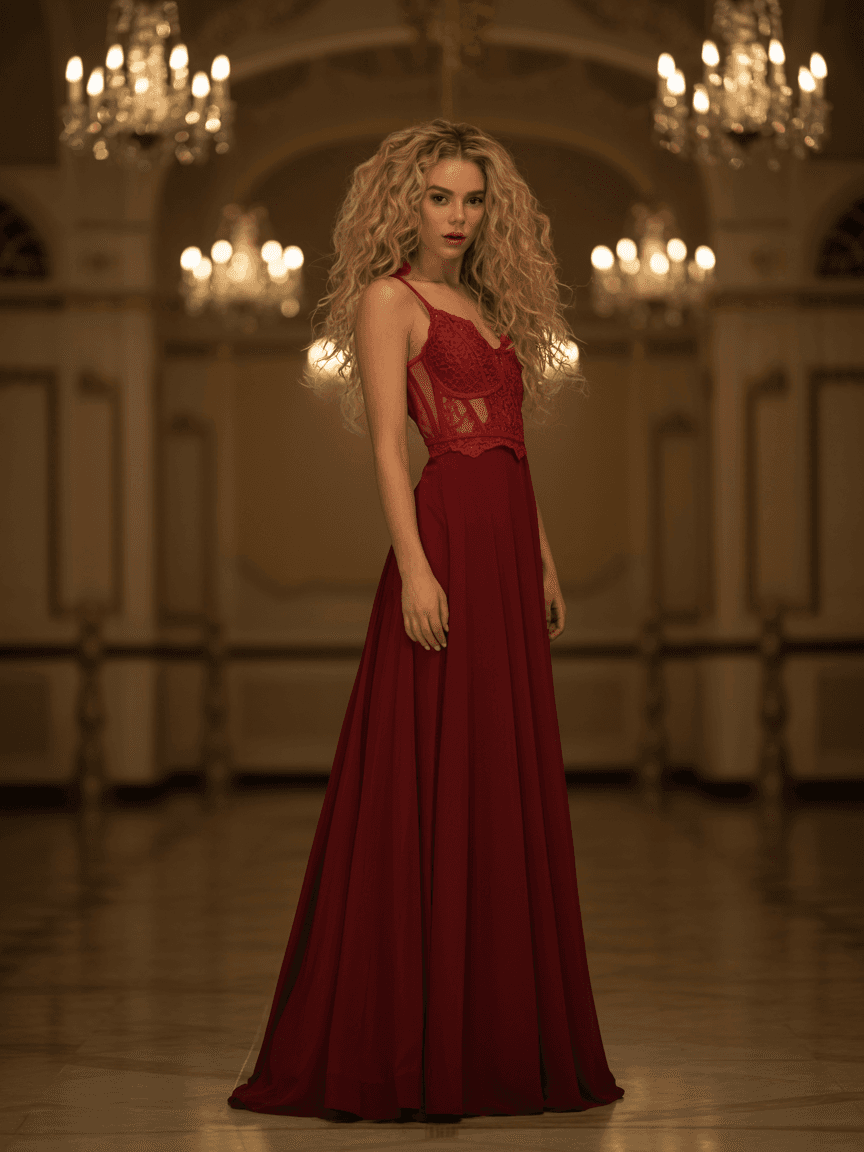 Floor-Length Red Evening Gown With Lace Details