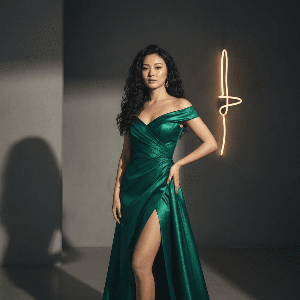 Shiny Green Long Dress, Off-The-Shoulder Design, High Slit On One Side