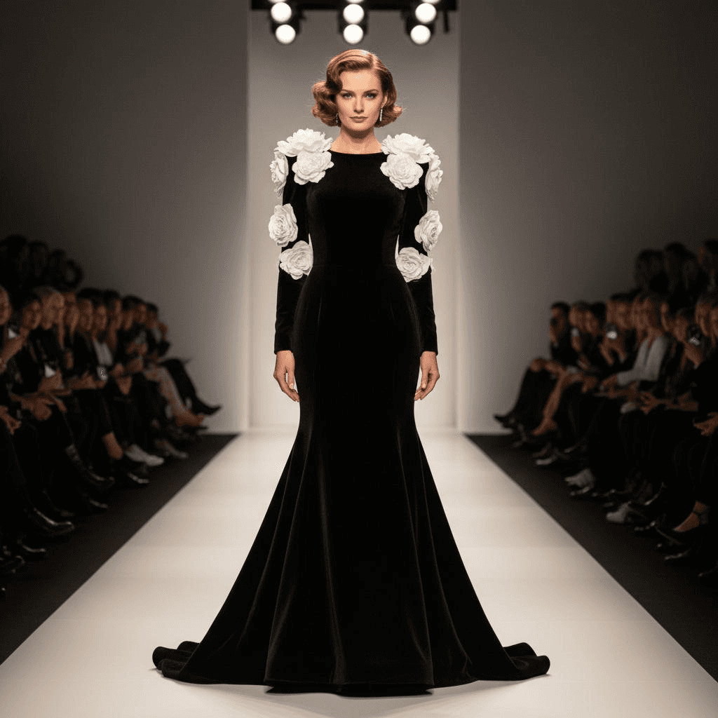 Black Velvet Gown With Large White Flower Appliqués On The Shoulders And A Flared Bottom