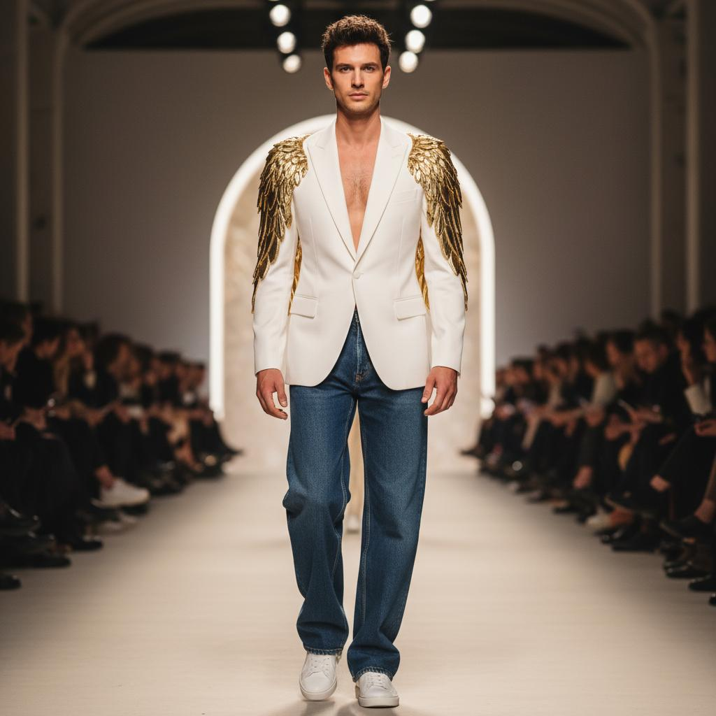 White Tailored Blazer With Gold Wing-Like Details, Paired With Wide-Leg Dark Blue Denim Jeans