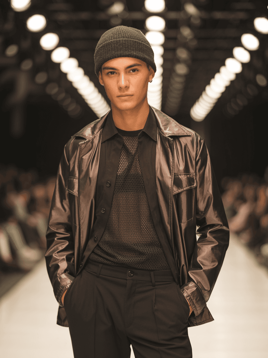 Brown Metallic-Textured Jacket, Mesh Shirt, And Black Trousers