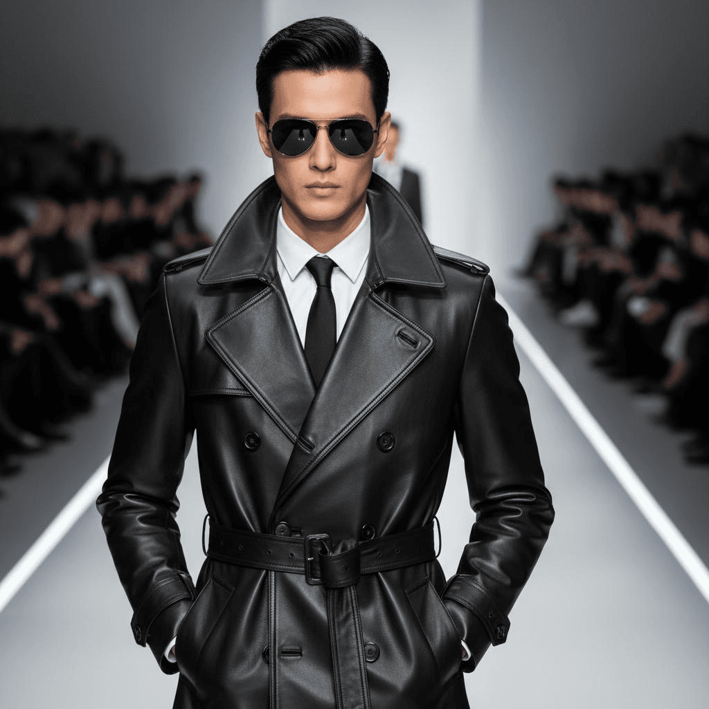 Black Leather Double-Breasted Trench Coat, Black Tie, And Dress Shirt