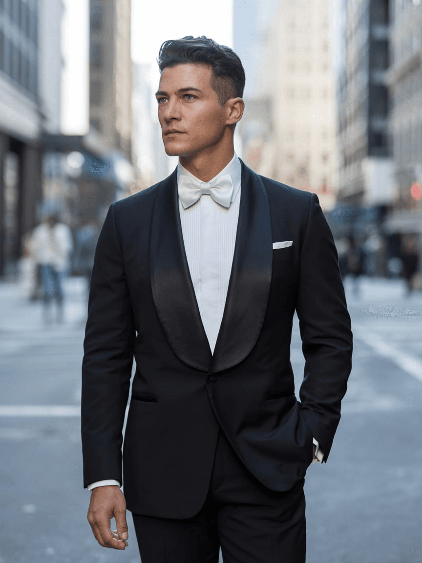 Tan Overcoat Over A Suit, With A White Dress Shirt And Tie