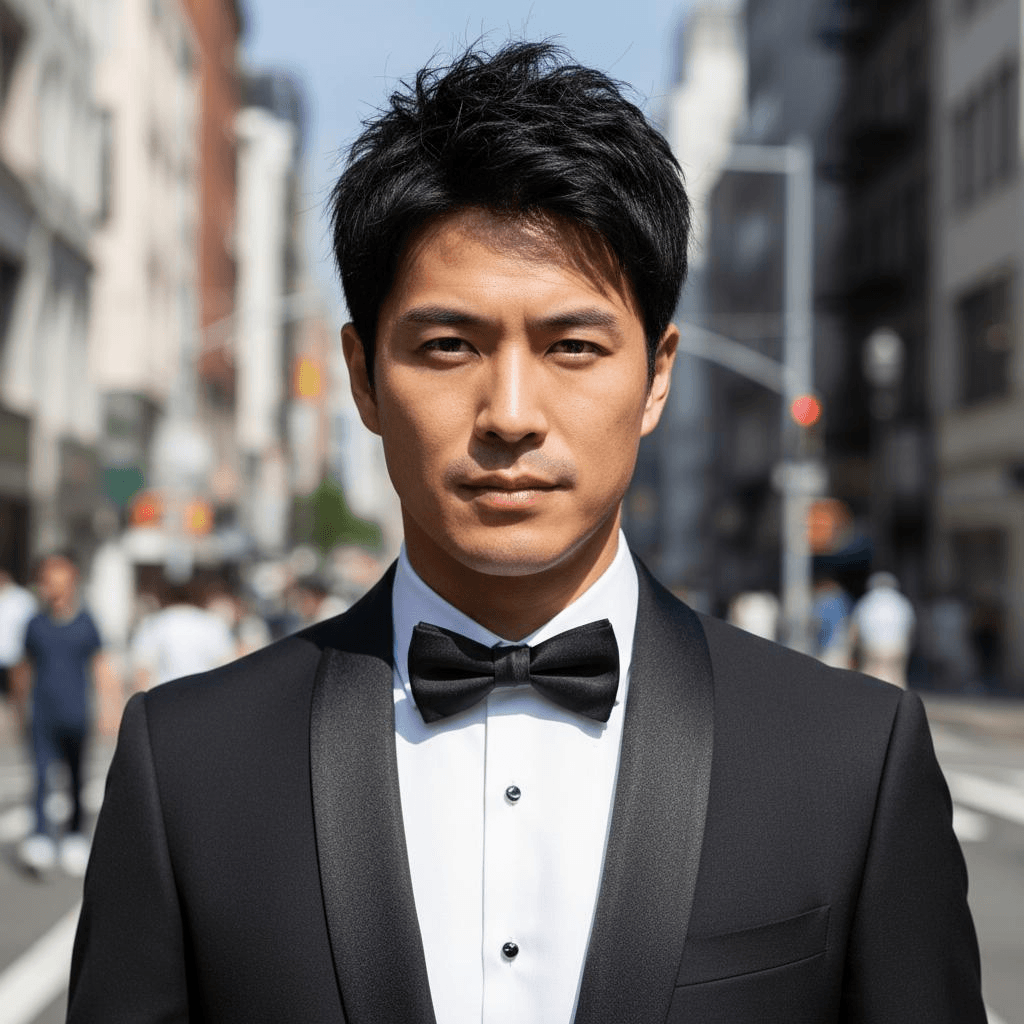 Black Tuxedo With Satin Shawl Collar, White Dress Shirt, And Bow Tie