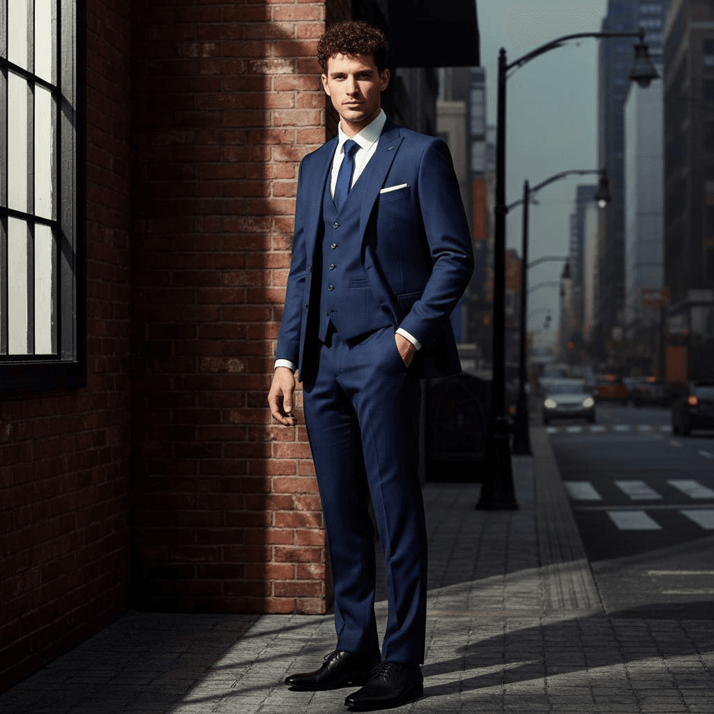 Navy Blue Three-Piece Suit With Black Shoes
