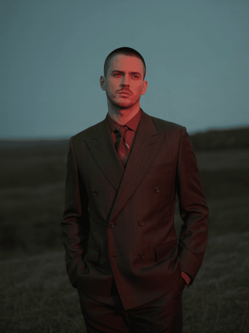 Dark Pinstriped Double-Breasted Suit With A Red Tie