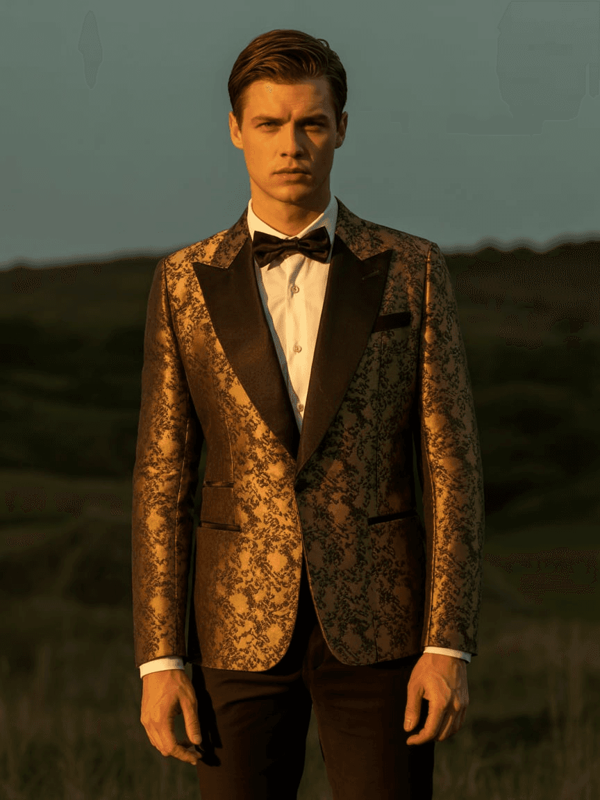 Golden Patterned Jacket With Black Lapels, Black Pants, And Bow Tie
