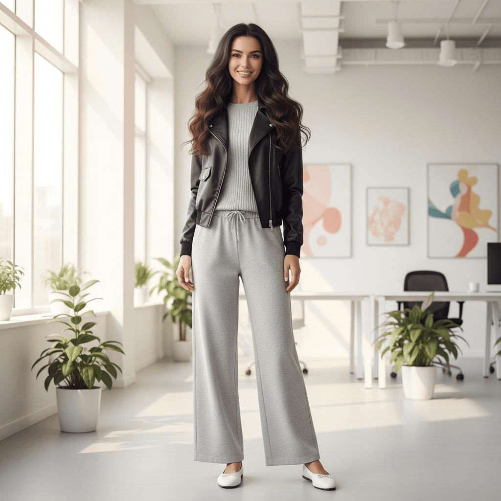 Black Faux-Leather Zip Bomber, Light-Grey Knit Top, Light-Grey Wide-Leg Sweatpants, White Ballet Flats