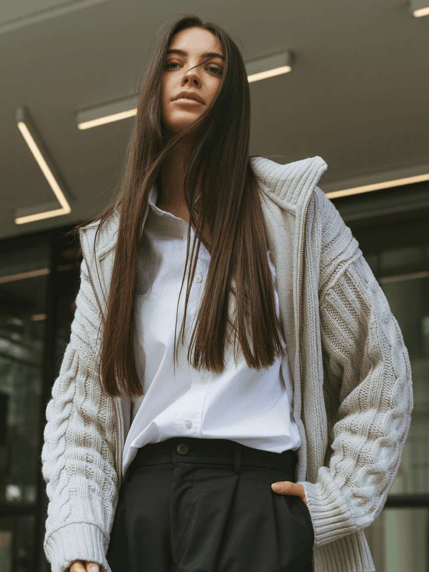 Light-Grey Cable-Knit Zip Hoodie, White Button-Down, Black Trousers