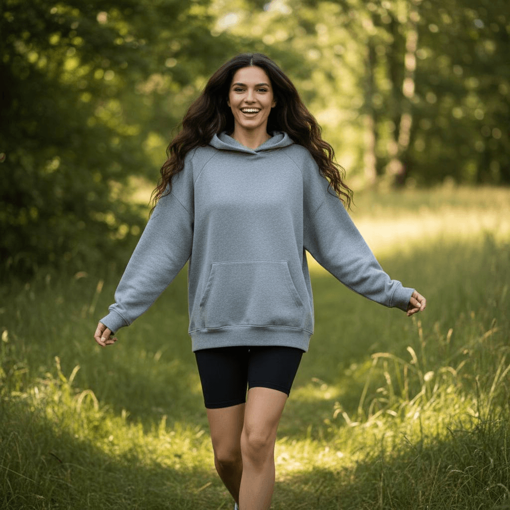 Heather-Grey Oversized Hoodie With Dropped Shoulders Worn With Black Biker Shorts