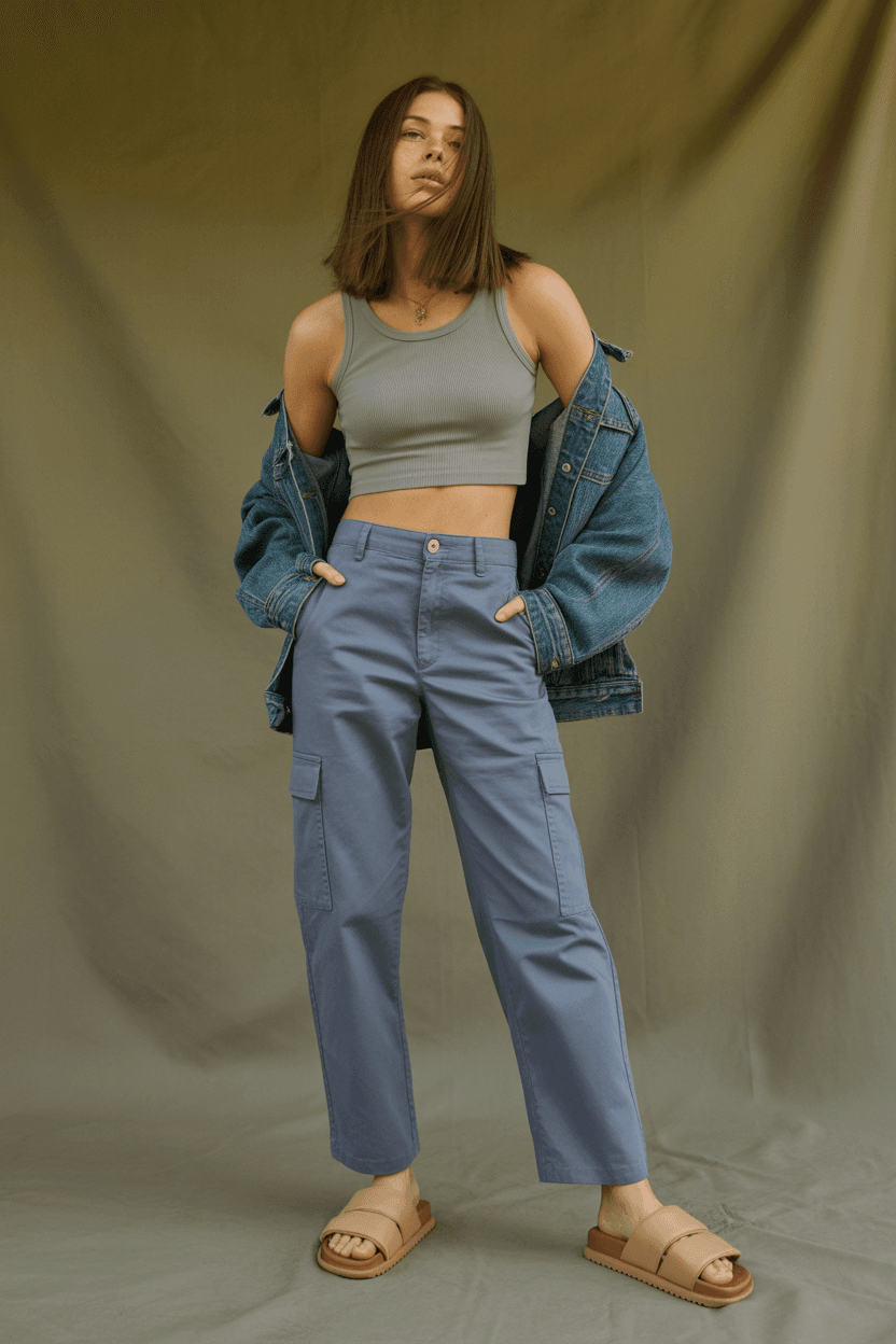 Grey Ribbed Cropped Tank, Steel-Blue Straight-Leg Cargo Pants, Denim Jacket Draped, Tan Slide Sandals