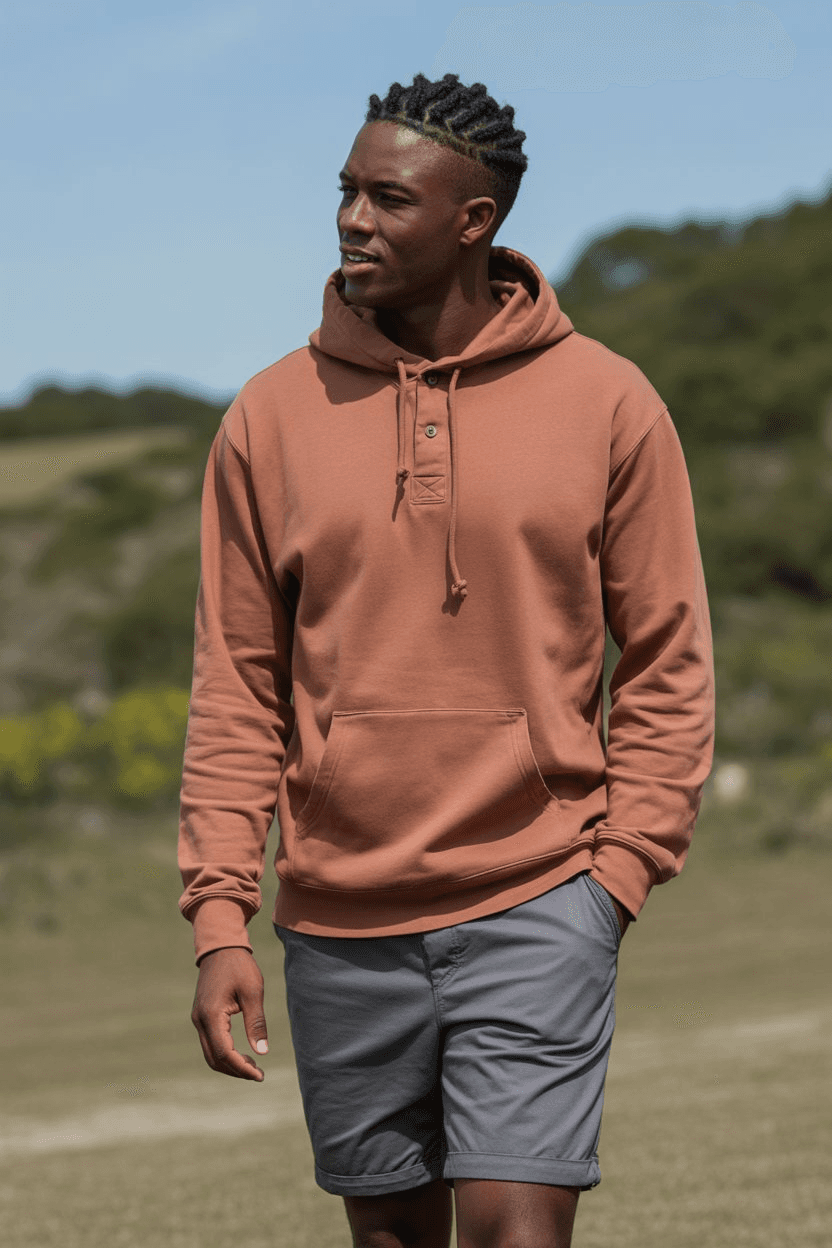 Rust Cotton Henley Hoodie With Kangaroo Pocket And Grey Chino Shorts