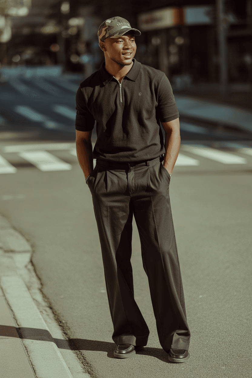 Black Short-Sleeve Zip Polo And Black Wide-Leg Trousers With Black Loafers And A Camo Cap