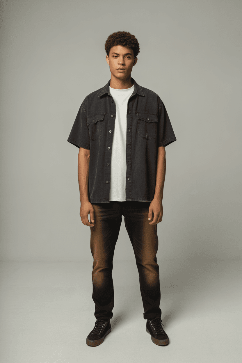 Black Mechanic Shirt Over White Tee With Brown-Black Gradient Jeans And Black Canvas Sneakers