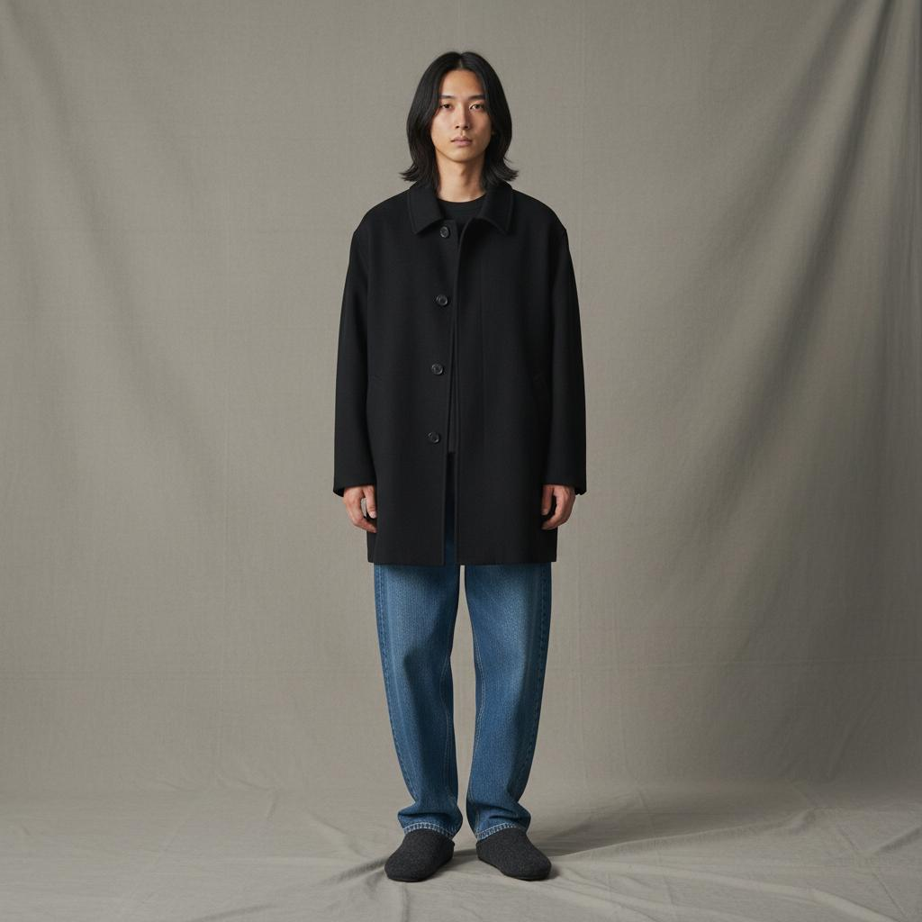Black Oversized Wool Button Coat With Blue Relaxed Jeans And Dark Felt Slippers
