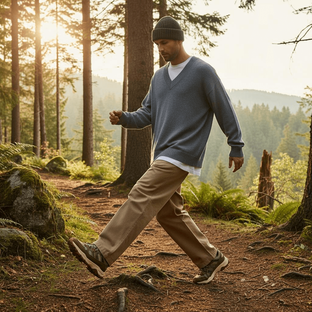 Grey Oversized V-Neck Sweater Over White Tee With Wide Khaki Trousers And Chunky Trail Sneakers