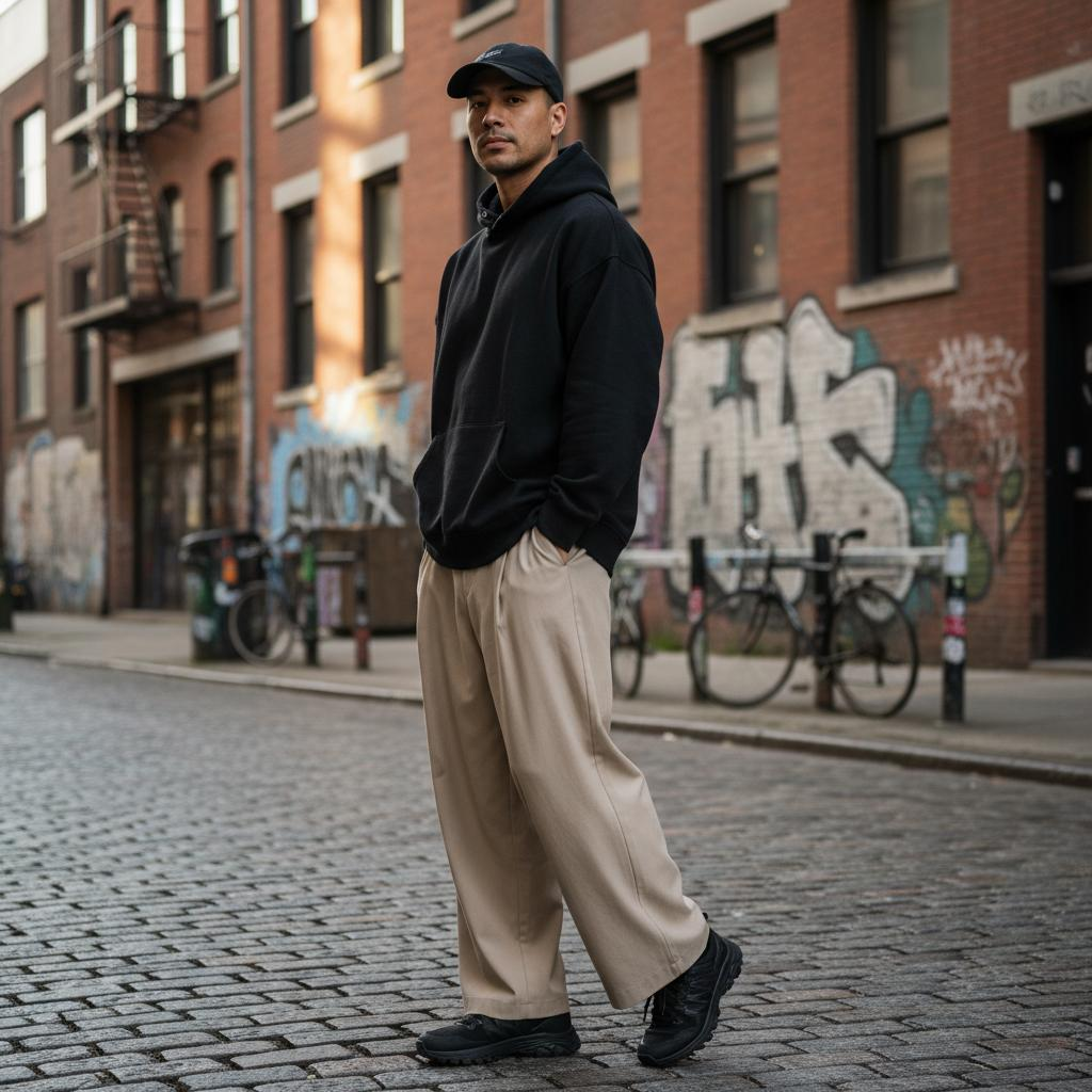 Black Oversized Hoodie With Beige Wide Pleated Trousers And Black Trail Sneakers