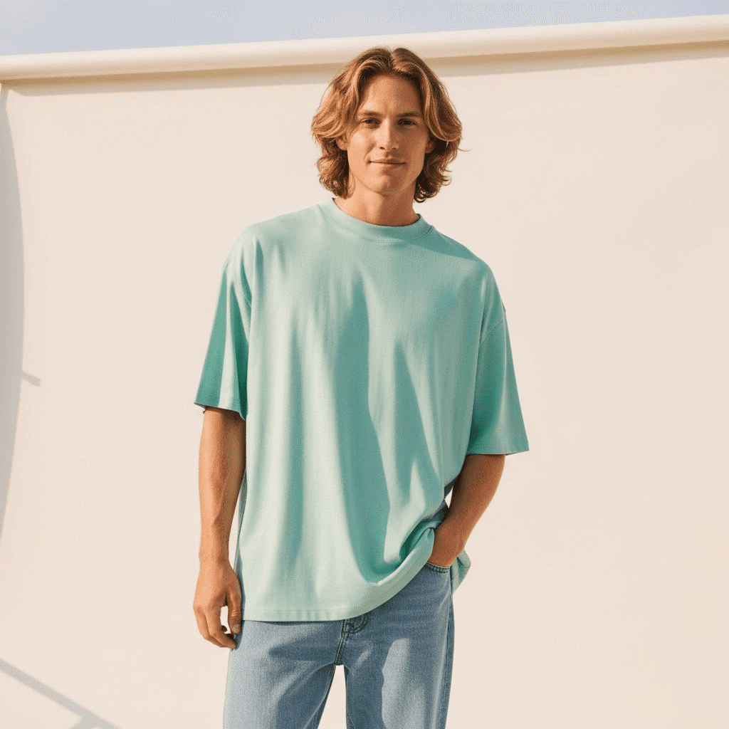 Mint Oversized Mock-Neck T-Shirt With Light-Wash Relaxed Jeans