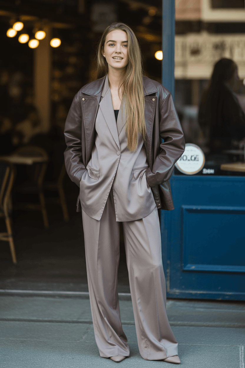 Taupe Oversized Pantsuit With Wide-Leg Trousers And A Brown Leather Jacket