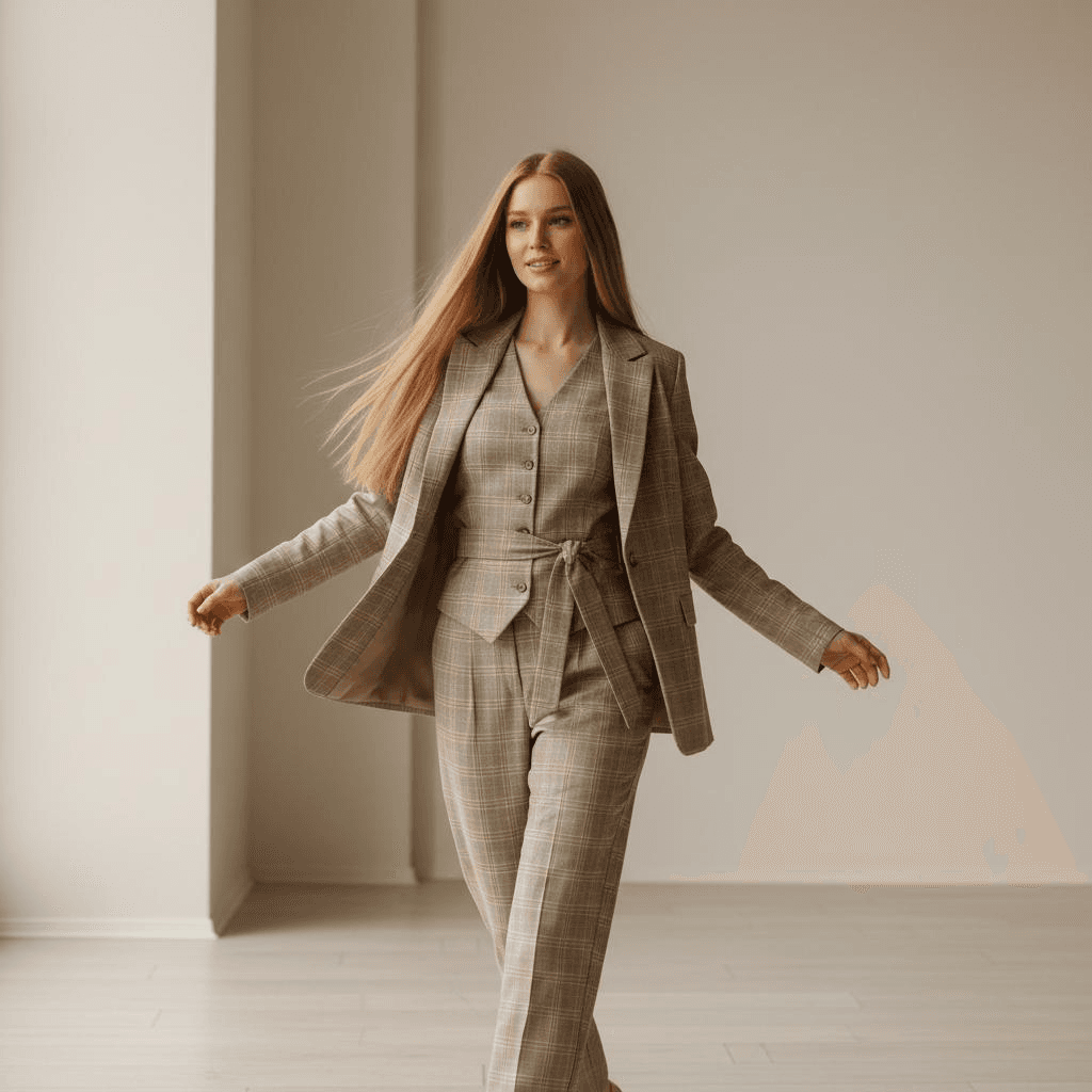 Beige Plaid Three-Piece Suit With Wrap Belt And Relaxed Trousers