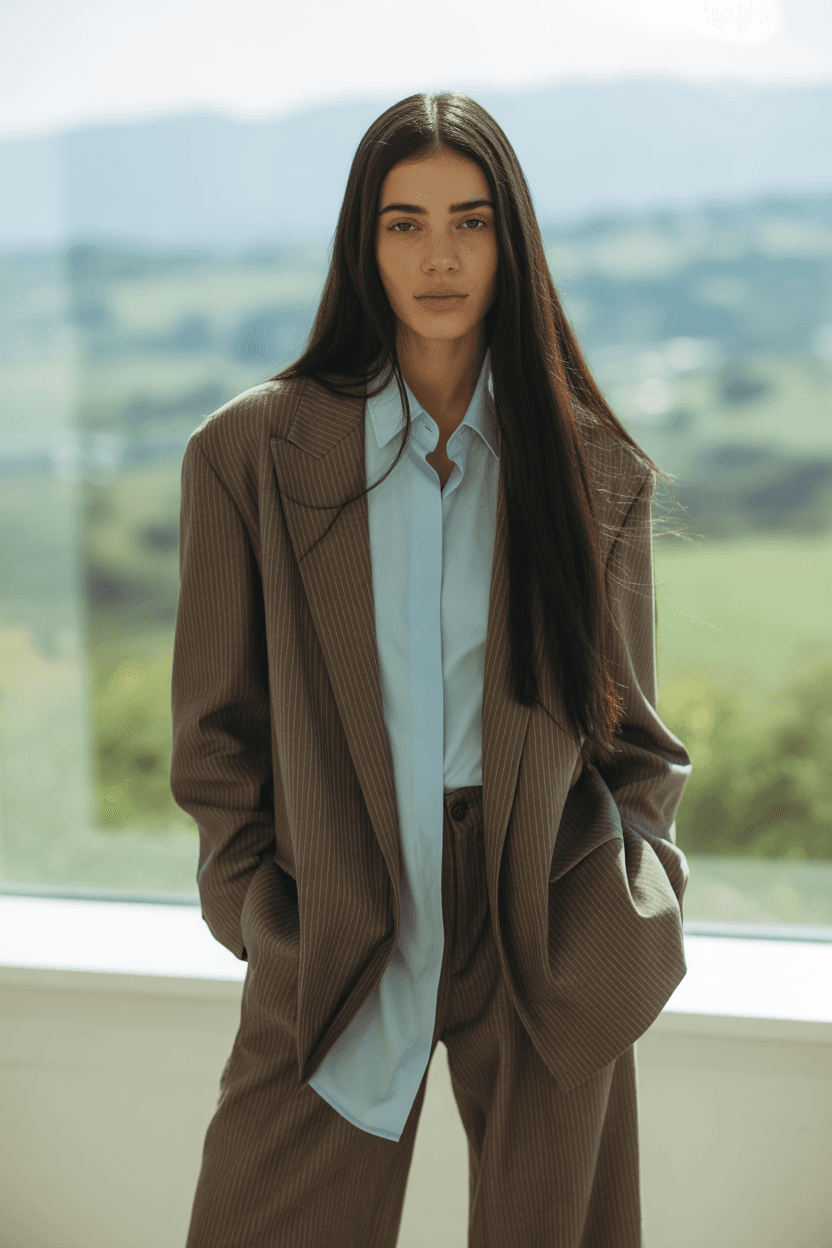 Brown Pinstripe Oversized Pantsuit With A Light-Blue Shirt