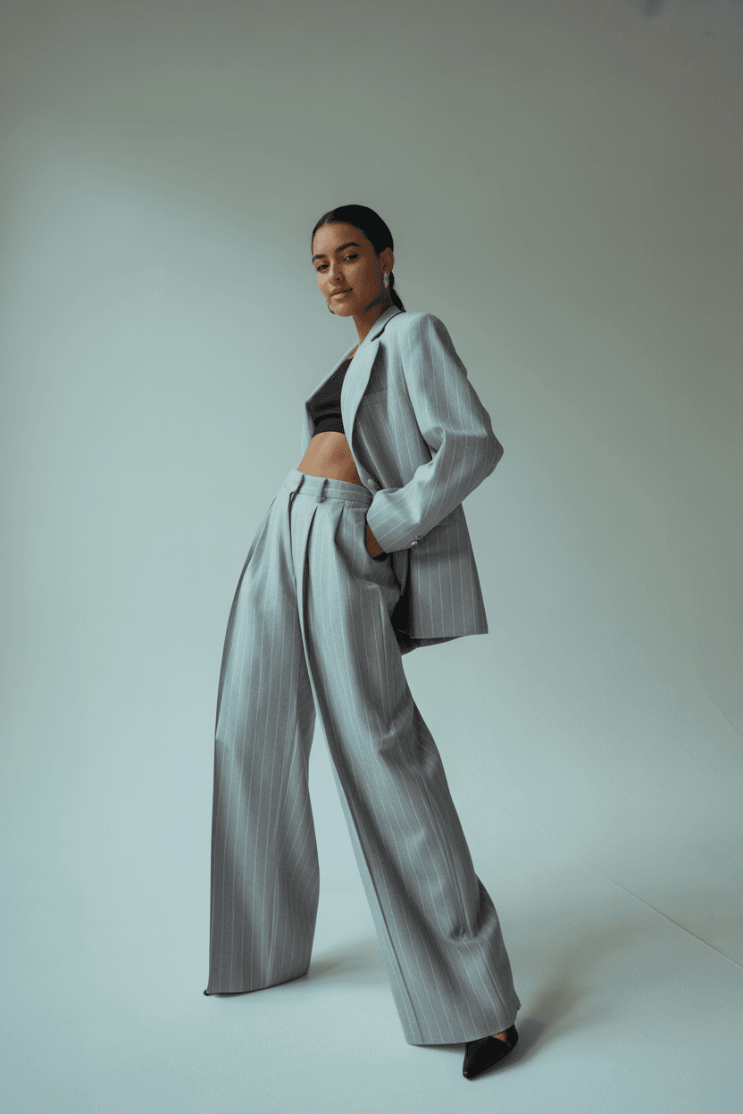 Light-Grey Pinstripe Three-Piece Pantsuit With Wide Pleated Trousers And Black Heels