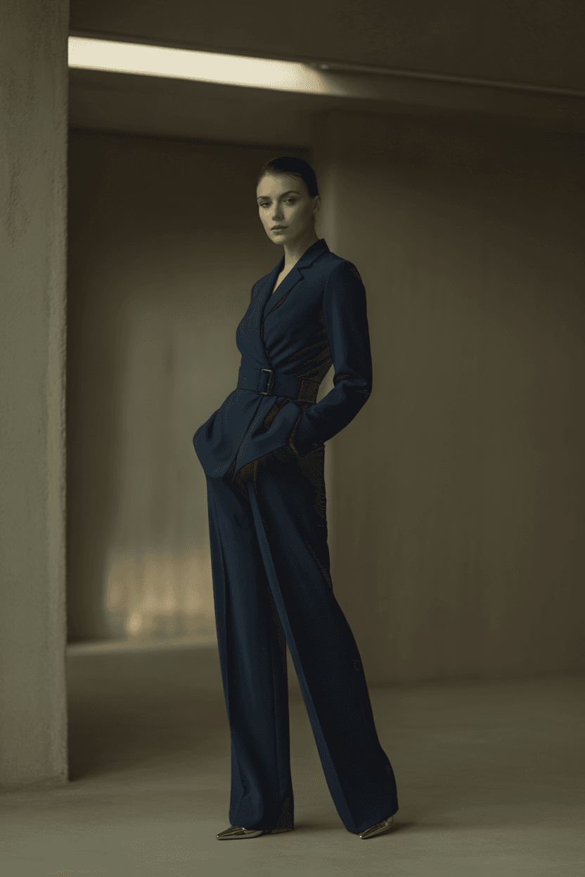 Navy Belted Wrap Pantsuit With Wide-Leg Trousers And Subtle Heels
