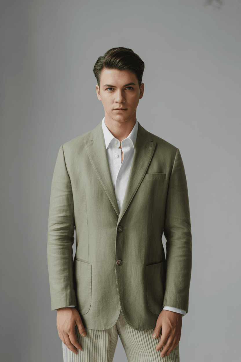 Sage-Green Two-Button Linen Blazer Over White Dress Shirt With Beige Pleated Trousers