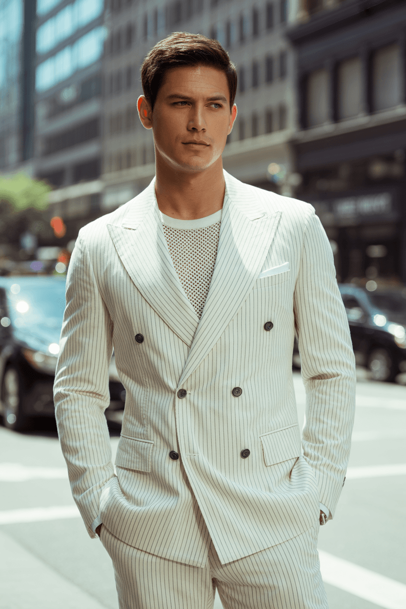 White Pinstripe Double-Breasted Suit In Lightweight Suiting With Mesh-Knit Vest Layered Under