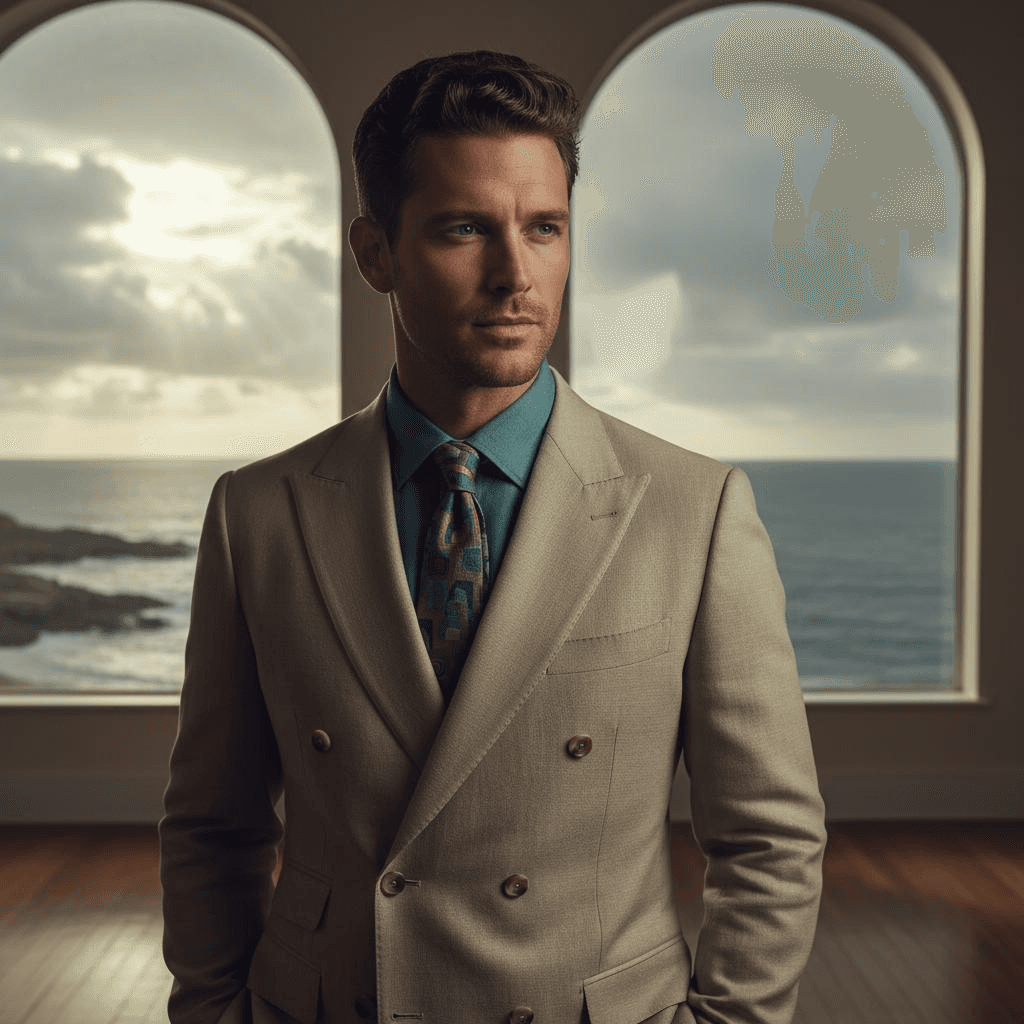Beige Double-Breasted Linen Suit With Teal Shirt And Patterned Tie