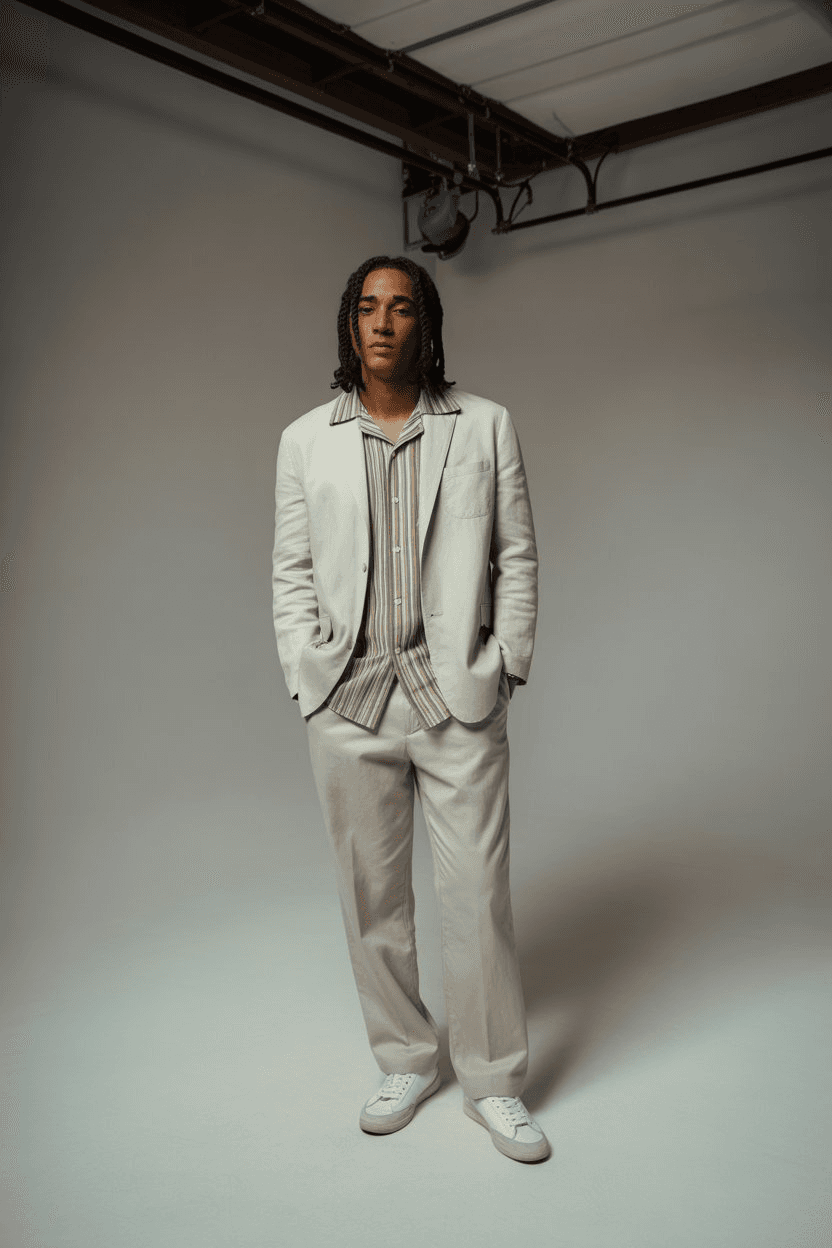 Light-Beige Linen Suit With Striped Camp-Collar Shirt And White Retro Sneakers