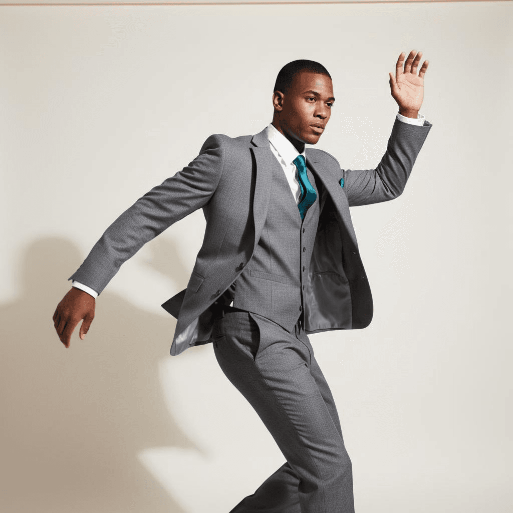 Grey Three-Piece Wool Suit With White Shirt And Teal Tie
