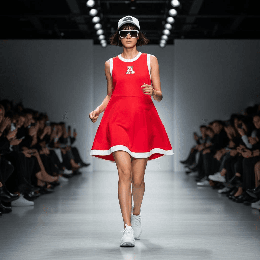 A Sleeveless Sports Red Dress With White Trim, Type A，Paired With White Sneakers And A Hat.