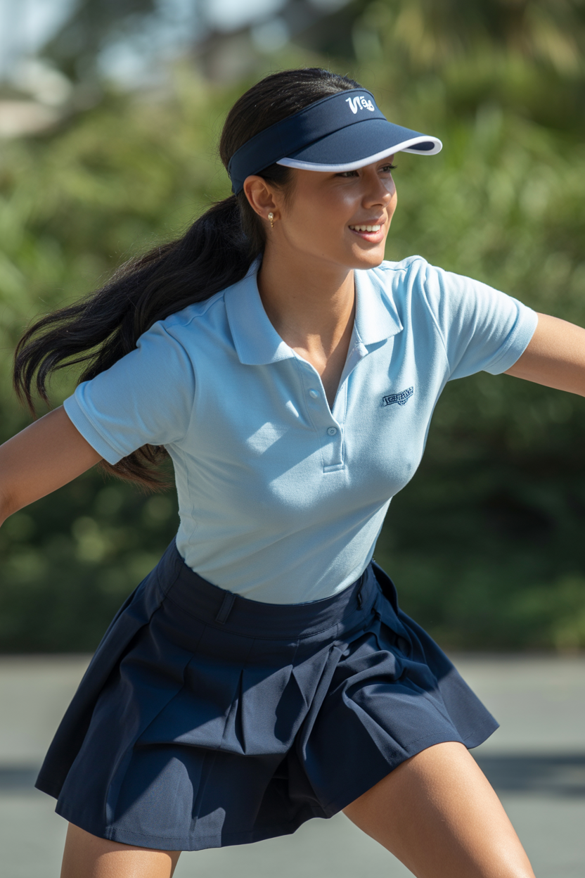 A Light Blue Polo Shirt Tucked Into A Pleated Skirt