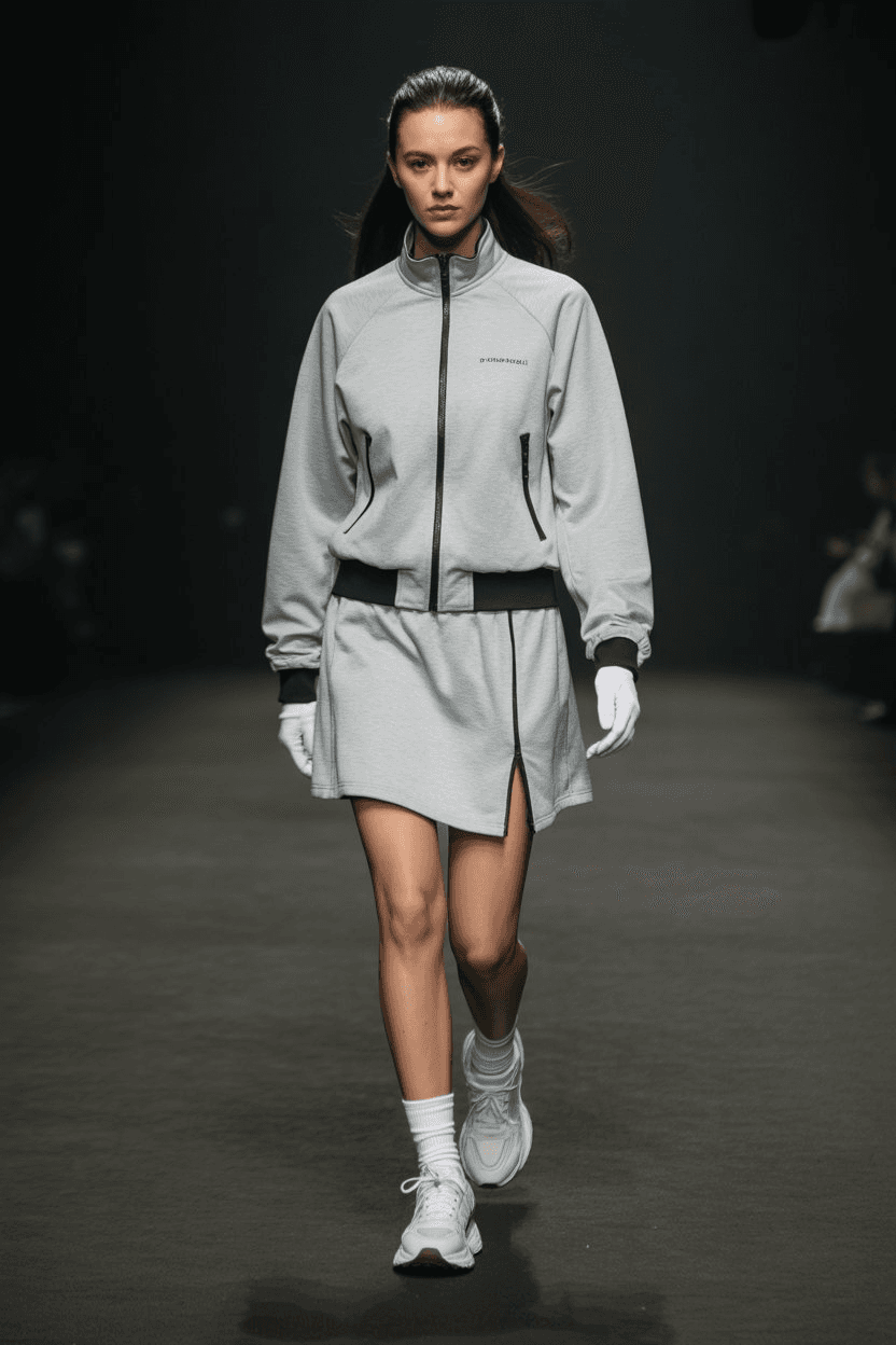 Light Grey Zip-Up Sports Jacket With Black Trims Paired With A Matching Straight Skirt, Styled With White Gloves, White Athletic Socks, And Chunky White Sneakers