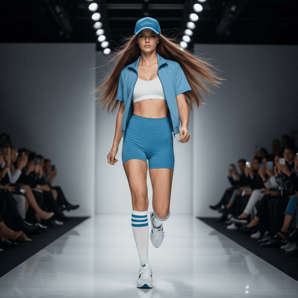 Light Blue Short Zipper Sports Jacket, Paired With High Waisted Shorts And White Sports Bra, Blue Baseball Cap, White Knee High Socks, And Sneakers
