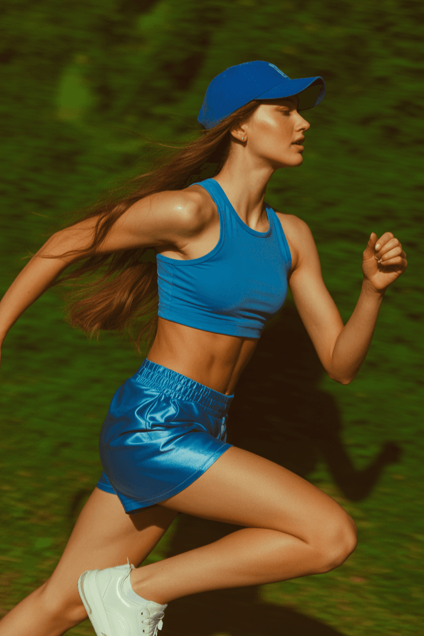 Bright Blue Sleeveless Crop Top, Paired With Matching Satin Sports Shorts, Blue Baseball Cap, And White Sneakers