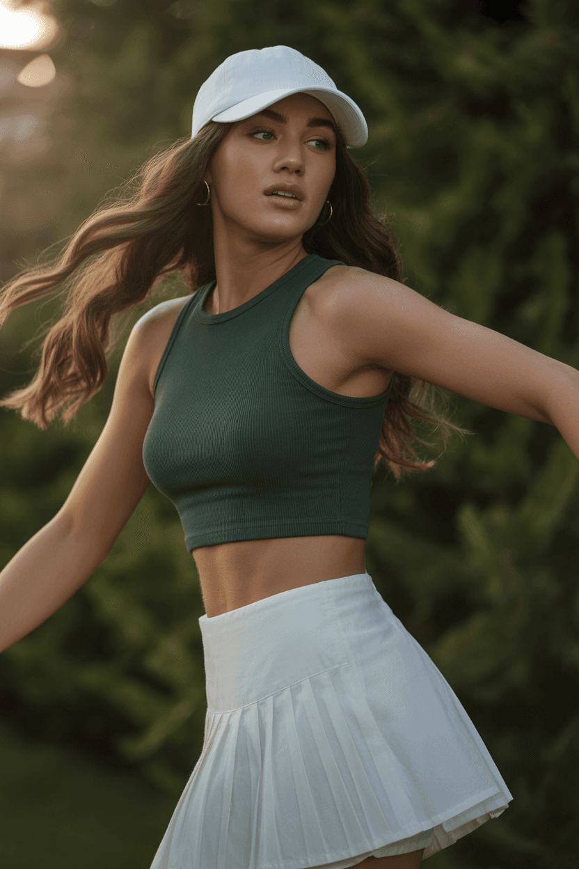 Deep Green Sleeveless Crop Top, Paired With White Pleated Skirt And White Baseball Cap