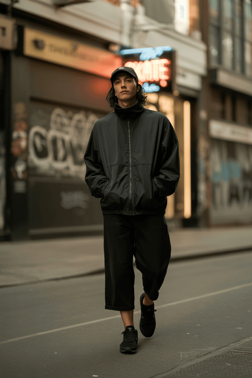 Black Oversized High Neck Sports Zipper Jacket, Loose Black Cropped Pants, Black Sneakers, And Baseball Cap.