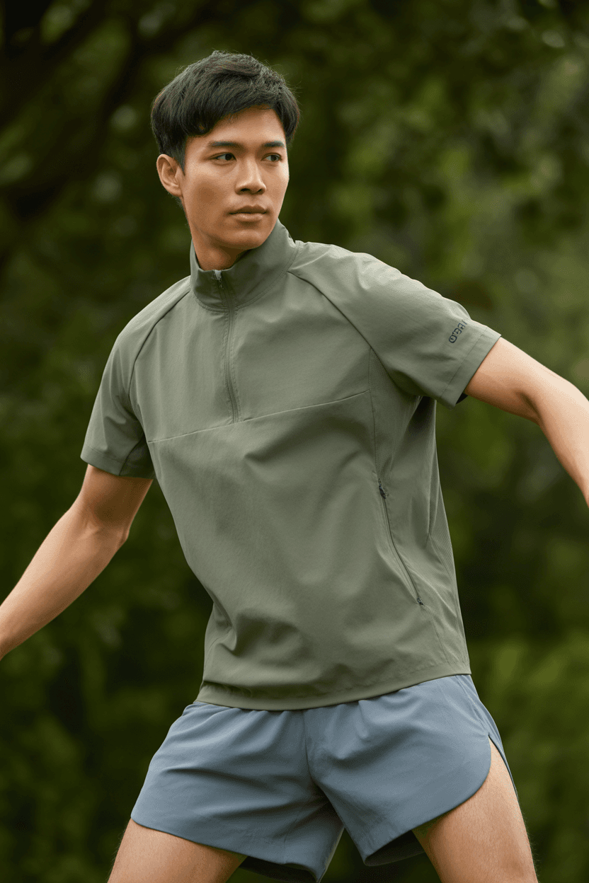 Grey Green Short Sleeved Half Zip Sports Top, Loose Shorts Made Of Lightweight Technical Fabric.