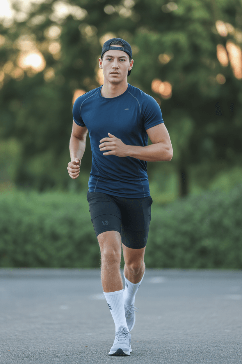Navy Blue Slim Fit Sports Round Neck T-Shirt, Black Knee High Shorts And Baseball Cap, White Mid Socks And Modern Running Shoes.