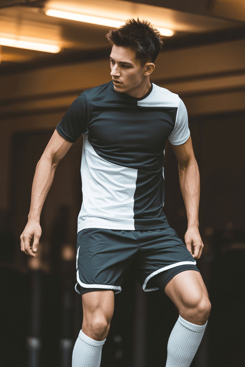 Black And White Color Blocked Sports T-Shirt, Black Training Shorts With White Borders, White Long Sports Socks.