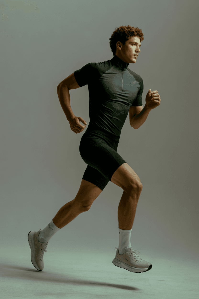 Black And Dark Green High Neck Half Zip Sports Top, Black Tight Cycling Shorts, Paired With White Socks And Beige Sneakers.