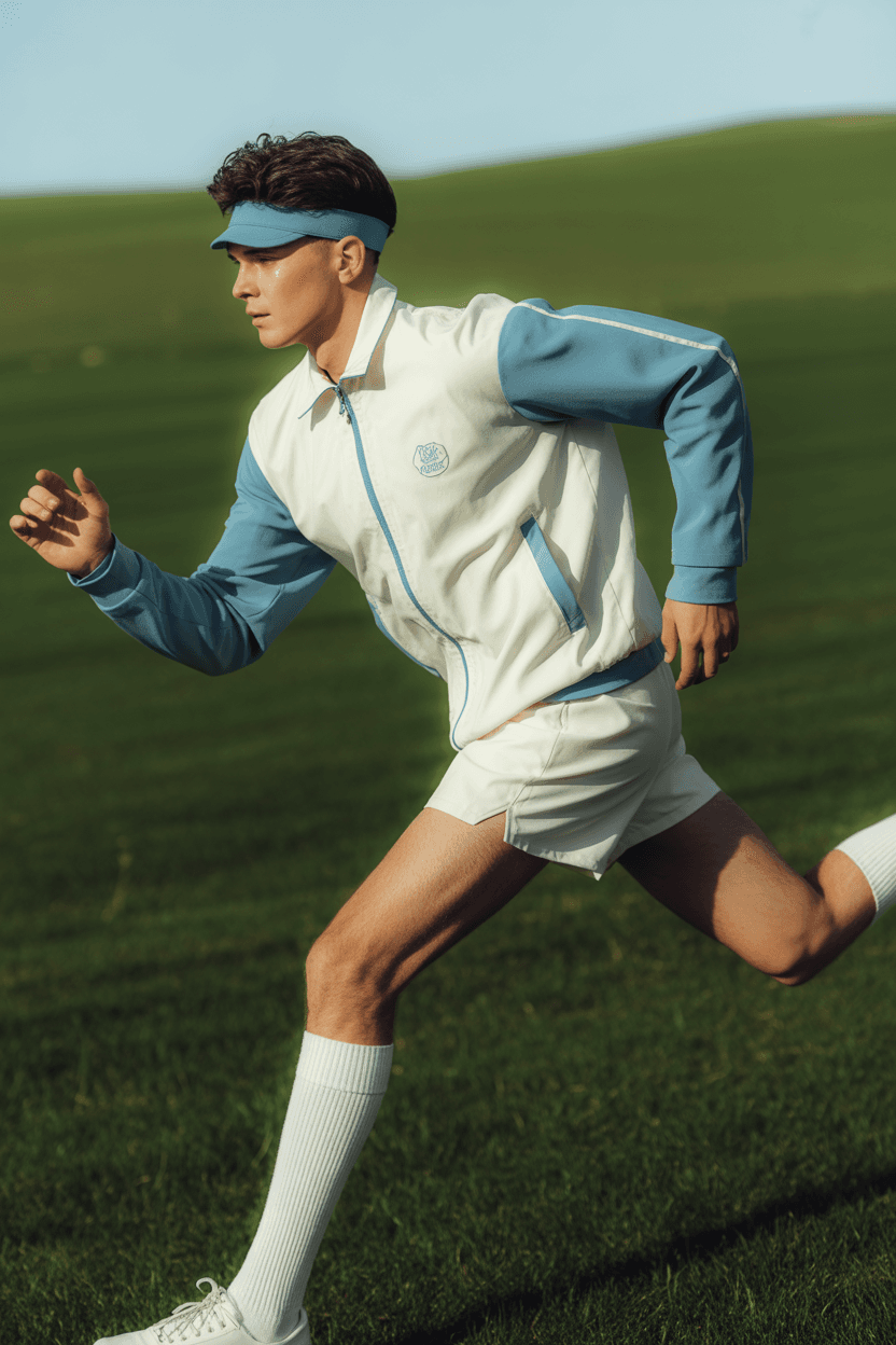 White Zipper Sports Jacket, Light Blue Sleeves, Light Blue Hat, White Shorts, White Knee High Socks.