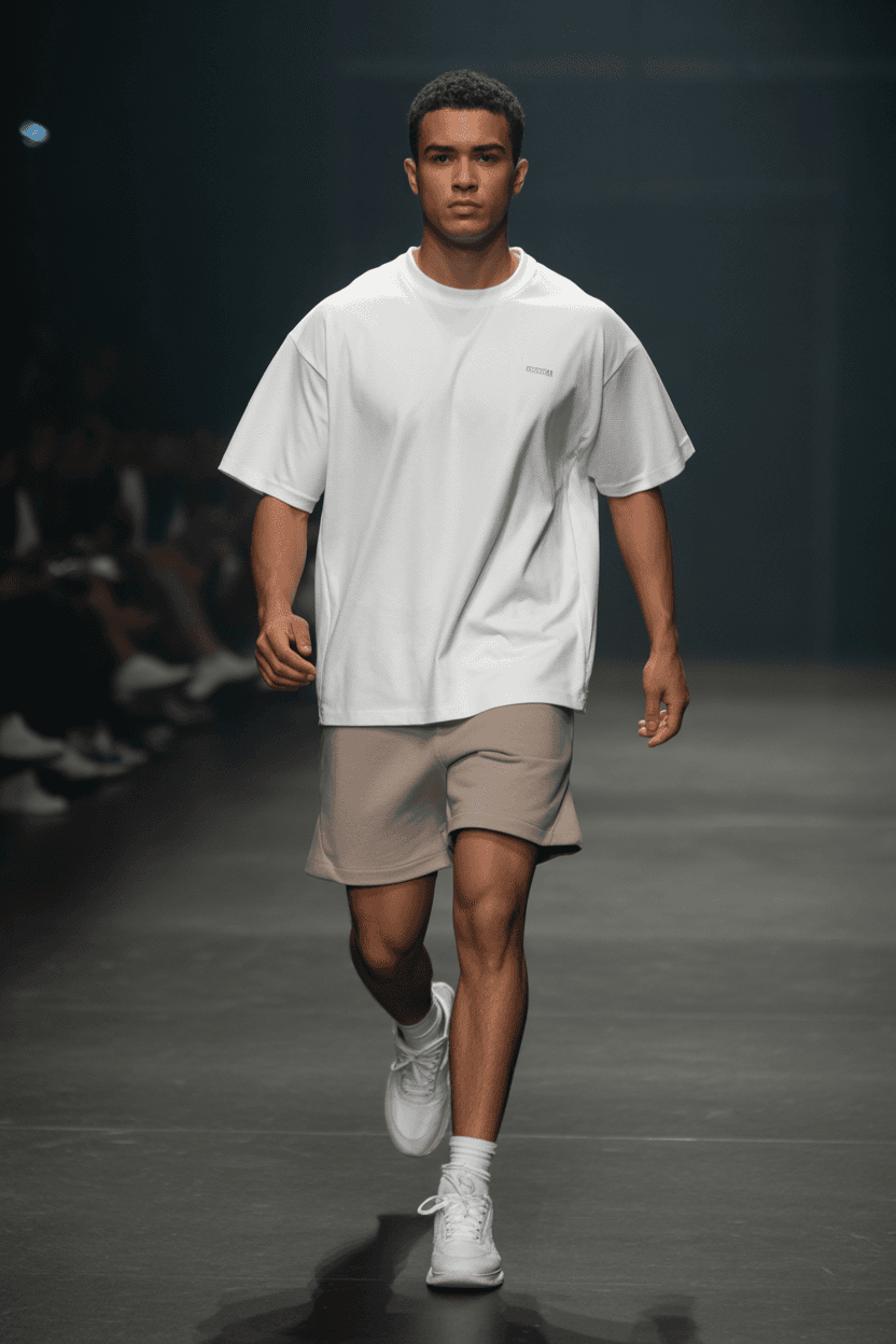 A White Short Sleeved Sports T-Shirt, Paired With Beige Sports Shorts And White Sneakers.