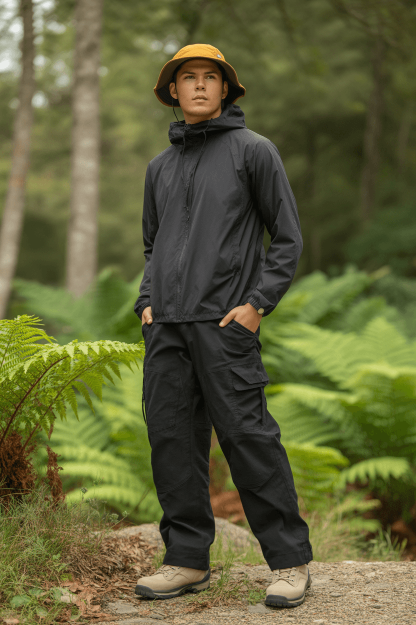Black Lightweight Hooded Jacket, Black Work Pants With Side Pockets, Beige Hiking Boots, And Yellow Brown Camping Hat.