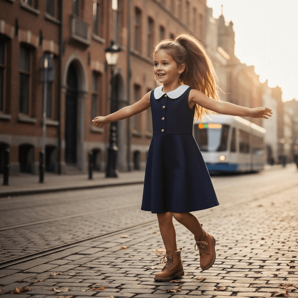 Navy Blue Sleeveless White-Collar Dress With Small Buttons On The Chest And Khaki Boots.