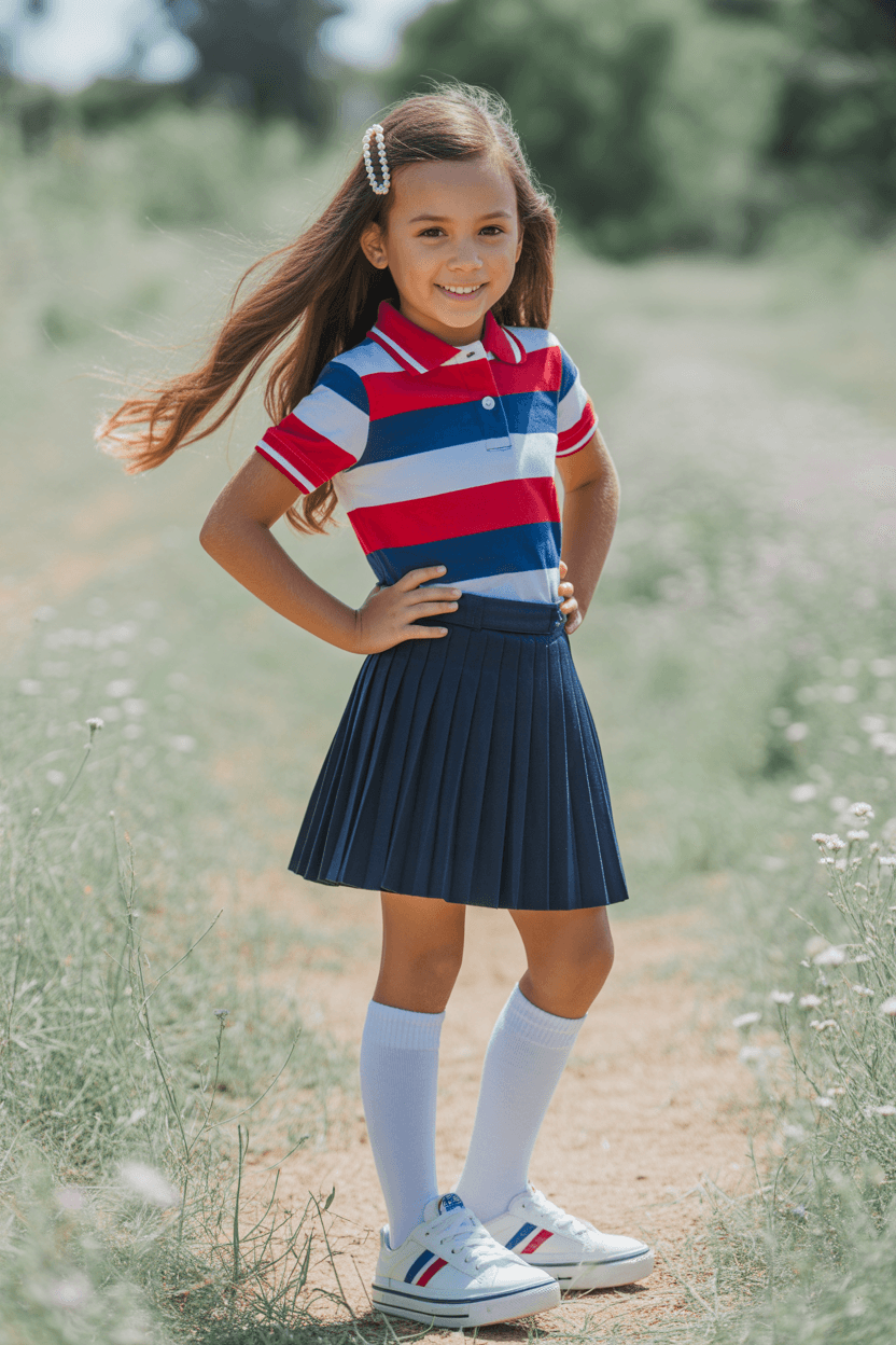Red, White, And Blue Striped Short Sleeved Polo Shirt, Navy Blue Pleated Skirt, White Knee High Socks, And White Sneakers With Red And Blue Stripes.