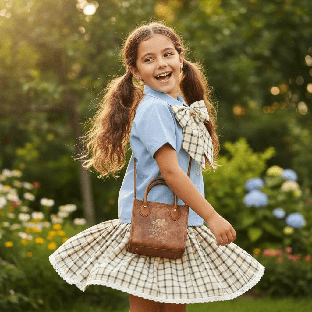 A Light Blue Shirt With A Large Checkered Bow At The Front, A Pleated Checkered Skirt With Lace Trim At The Hem, And A Brown Tote Bag.