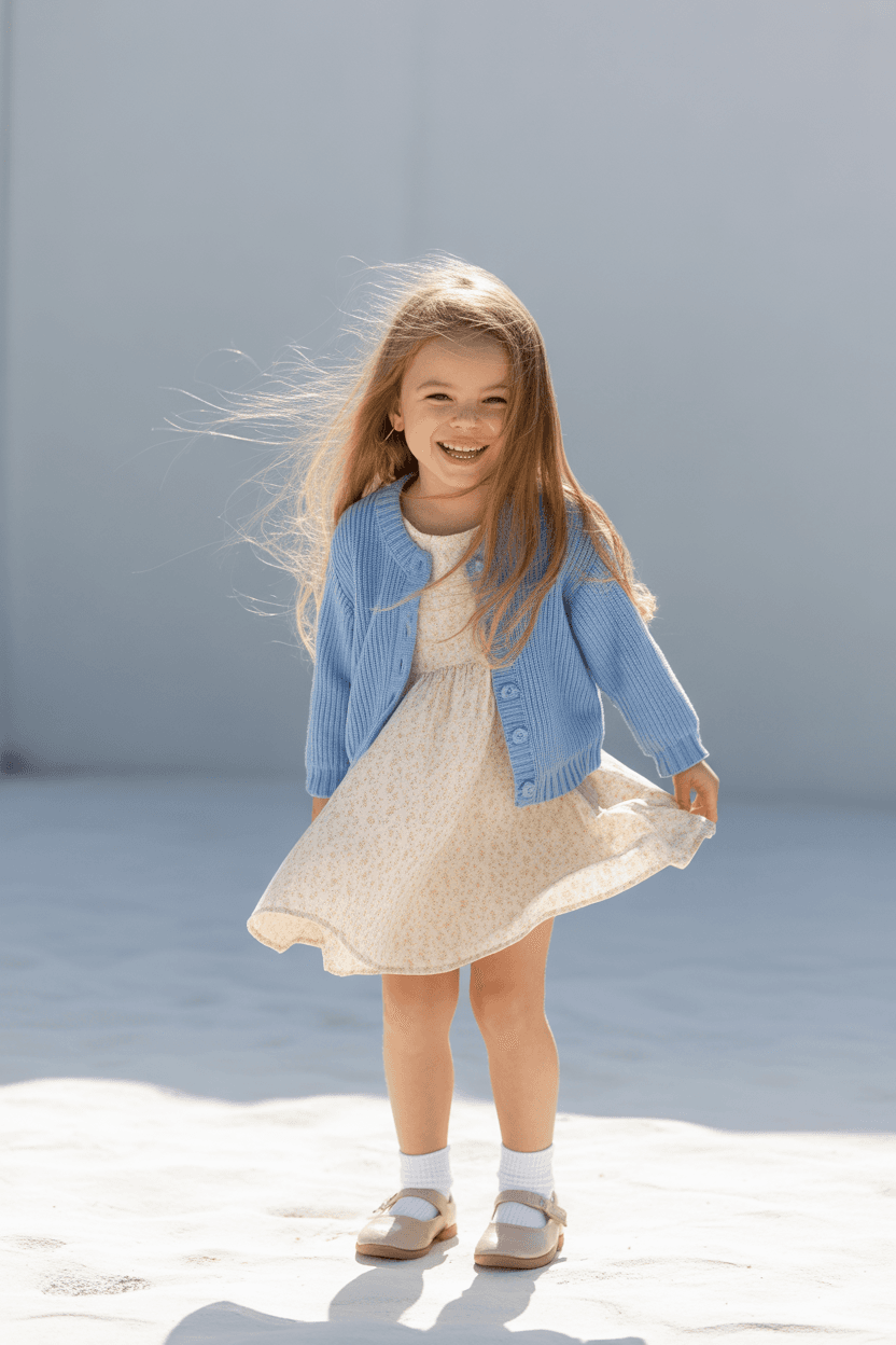 A Light Blue Button Knit Cardigan, A Soft Cream Floral Dress, White Socks, And Brown Flat Shoes.